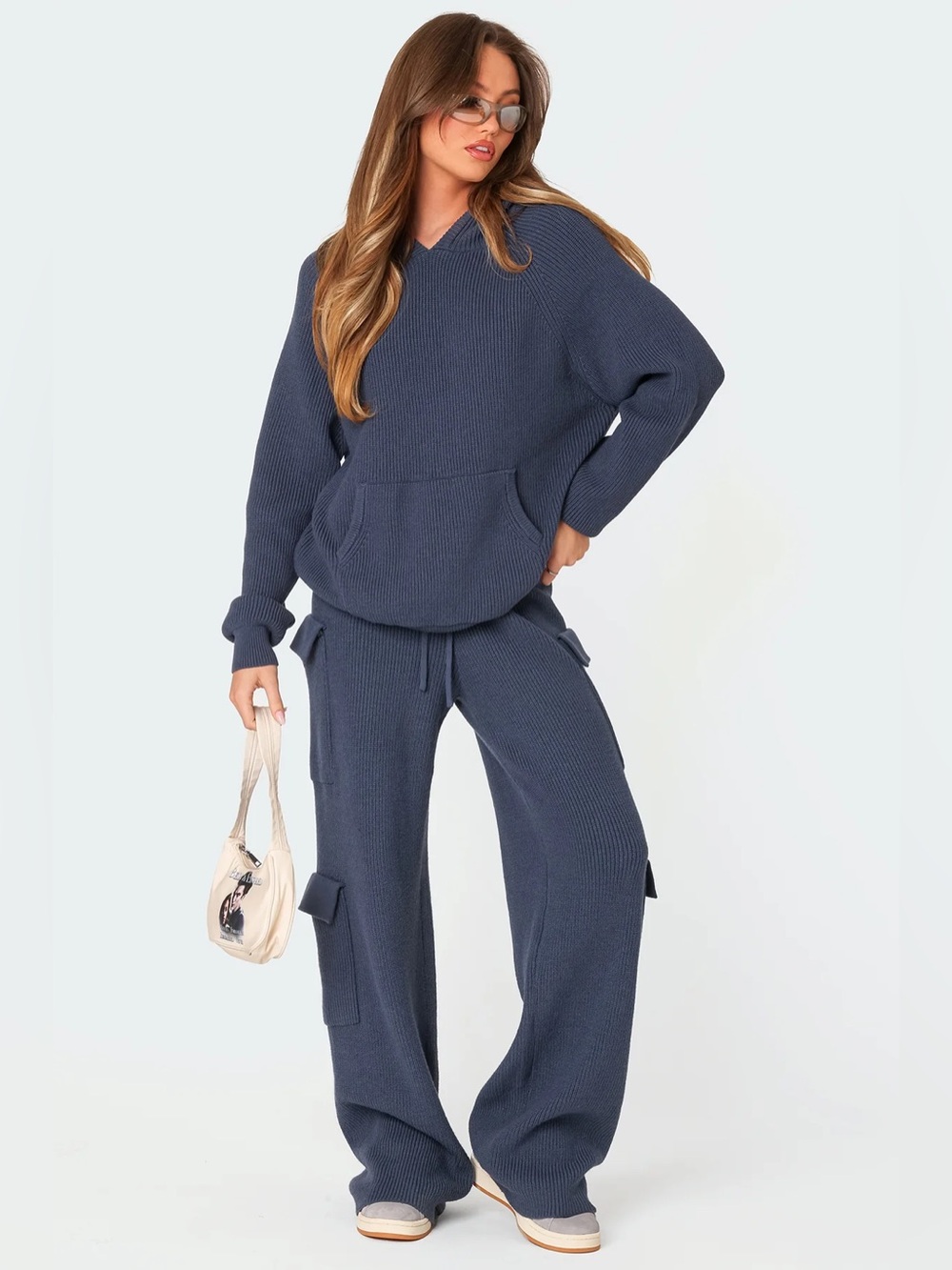 EDIKTED Wynter Oversize Sweater Hoodie & Cargo Pants Set Blue Size XS